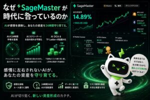 AIが24時間市場を監視しながら、SageMaster セージマスターのマスコットキャラクターと共に、AIスクリーナー・AI DCA・TP Ladderなどの機能で感情に左右されない資産運用を行う未来型AIトレード環境を表現した画像