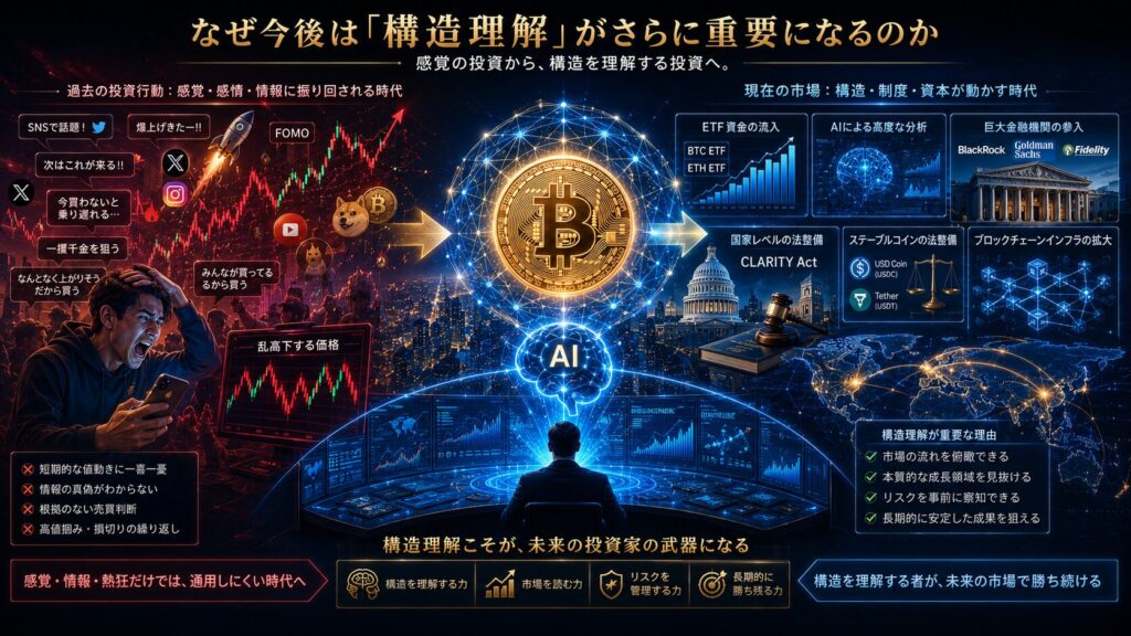 SNS情報や感情的売買に振り回される個人投資家の世界と、ETF資金流入・AI分析・国家レベルの法整備によって高度化する暗号資産市場を対比した未来的金融ビジュアル。左側には急騰銘柄やSNS熱狂に翻弄される投資家、右側には巨大金融機関、CLARITY Act、ステーブルコイン整備、AI金融分析、ブロックチェーンネットワークが描かれている。中央にはビットコインとAIネットワークが配置され、感覚的投資から「構造理解」が重要になる次世代金融市場への進化を、青とゴールド基調の高級感ある16:9デザインで表現したイメージ。