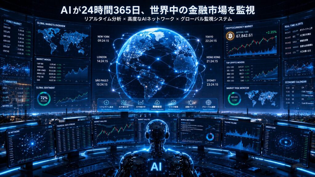 AIが24時間365日、世界中の金融市場と暗号資産市場を監視している未来的な金融監視システム。巨大な地球型ネットワーク、金融チャート、データ通信、AI分析画面が広がり、リアルタイムで市場を解析する近未来トレーディングルームを青と黒を基調に表現した16:9ビジュアル。