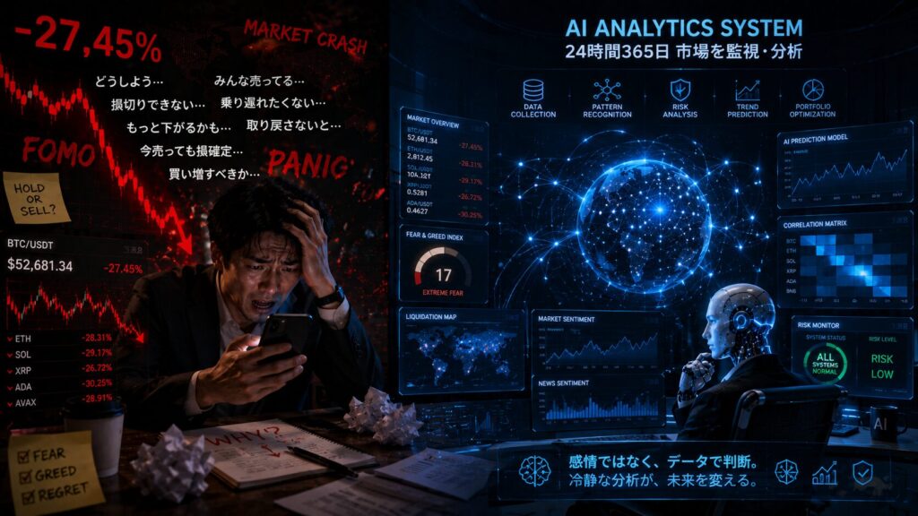 暴落チャートを見てスマホを握りしめながら不安と焦りに追い込まれる投資家と、冷静に金融データを分析するAIシステムを対比した未来的ビジュアル。FOMOや感情的トレードによる心理的ストレスと、AIによる24時間監視・分析の違いを赤と青のコントラストで表現した16:9イメージ。