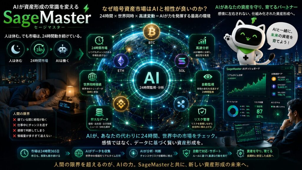 AIと暗号資産市場の相性を表現した近未来的ビジュアル。中央に発光するAIコアと地球を配置し、BTC・ETH・SOLなどの主要暗号資産が世界中のネットワークで接続されている様子を描写。周囲には24時間市場、リアルタイム分析、リスク管理、自動監視などの未来的UIを表示。左側には休息する人物、右側にはAIが市場を監視する様子を配置し、「人が休んでいる間もAIが働く時代」を視覚的に表現した16:9デザイン。