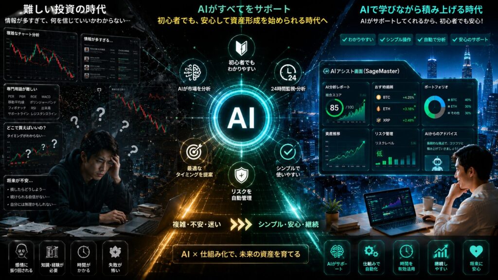AI時代の資産形成をテーマにした近未来的な金融ビジュアル。左側には、複雑なチャートや大量の情報を前に混乱し、不安そうな表情で悩む初心者投資家を配置し、「難しい投資の時代」を表現。中央には発光する巨大なAIコアを配置し、「AI」「初心者」「24時間分析」「リスク管理」「仕組み化」などの未来的UIを表示。右側には、AIアシスト画面やシンプルな資産管理ダッシュボードを見ながら、安心した表情で資産形成を学ぶ人物を描写している。背景には近未来都市、暗号資産チャート、AIネットワークを融合し、「感情で売買する時代」から「AIを活用しながら学び、積み上げる時代」への変化を視覚的に表現。黒・ネオングリーン・ゴールド・ブルーを基調に、高級感・未来感・安心感・知性を演出した16:9デザイン。