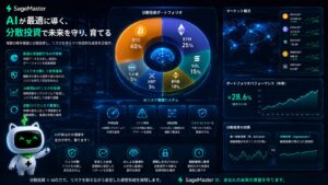 複数の暗号資産へAIが分散投資を行っている未来的金融ビジュアル。BTC、ETH、SOL、BNBなどの暗号資産がバランス良くポートフォリオ化され、SageMaster（セージマスター）のマスコットキャラクターとAI分析システムがリスク管理・自動最適化を行う高級感ある次世代資産運用プラットフォームを描いた16:9イメージ。