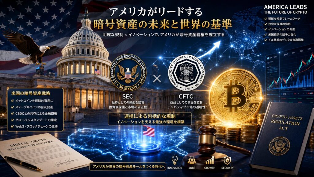 アメリカ政府による暗号資産規制と金融覇権戦略を描いた未来的な金融イメージ。アメリカ議会、SEC、CFTC、ビットコイン、法律文書、金融データが配置され、アメリカがWeb3時代の暗号資産市場を主導しようとしている様子を高級感あるデジタルアートで表現した16:9ビジュアル。