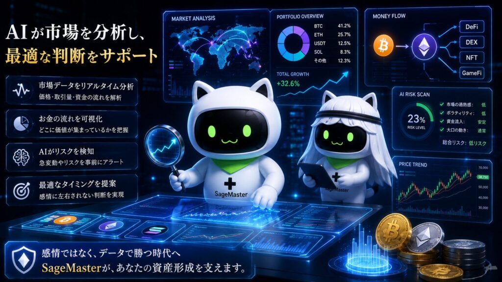 SageMaster(セージマスター)のAIマスコットが市場データを分析しながら資産形成を支援しているイメージ