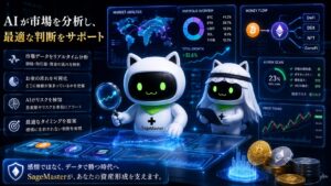 SageMaster（セージマスター）のAIマスコットが市場データを分析しながら資産形成を支援しているイメージ