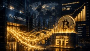 ビットコインETFに巨大資本が流入する未来的な金融イメージ。ブラックロック風の巨大金融機関と高層ビル群を背景に、ゴールドの資金流入エフェクトがビットコインへ集中し、ETFチャートや金融データが表示された高級感あるWeb3金融革命のデジタルアート。