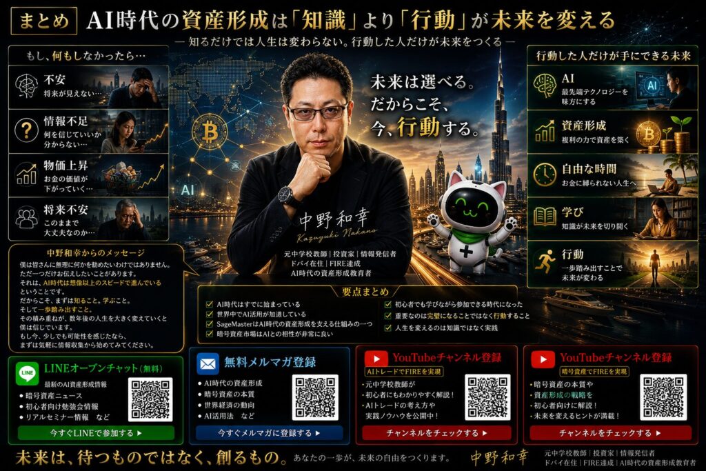 AI時代の資産形成と未来への挑戦をテーマにしたビジュアル。中央には未来へ続く光の道を配置し、左側には物価上昇や将来不安に悩む人々、右側にはAIや資産形成を活用しながら自由な時間と新しい可能性を手に入れた人々を描写。中央には中野和幸とSageMasterのマスコットを配置し、背景には世界地図、AIネットワーク、暗号資産、未来都市を融合。「知るだけでは人生は変わらない。行動した人だけが未来を変える」というメッセージを表現した16:9デザイン。