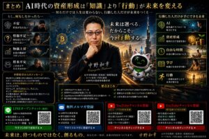 AI時代の資産形成と未来への挑戦をテーマにしたビジュアル。中央には未来へ続く光の道を配置し、左側には物価上昇や将来不安に悩む人々、右側にはAIや資産形成を活用しながら自由な時間と新しい可能性を手に入れた人々を描写。中央には中野和幸とSageMasterのマスコットを配置し、背景には世界地図、AIネットワーク、暗号資産、未来都市を融合。「知るだけでは人生は変わらない。行動した人だけが未来を変える」というメッセージを表現した16:9デザイン。
