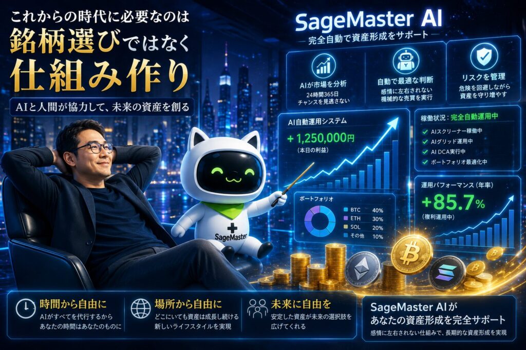 SageMaster(セージマスター)のAIマスコットとAI分析システムが、暗号資産市場やポートフォリオを分析しながら資産形成を支援しているイメージ。AIスクリーナー、AIグリッド、AI DCAなどを活用し、感情に左右されない仕組み化された長期運用と経済的自由を表現した未来型金融ビジュアル。