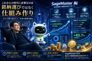 SageMaster（セージマスター）のAIマスコットとAI分析システムが、暗号資産市場やポートフォリオを分析しながら資産形成を支援しているイメージ。AIスクリーナー、AIグリッド、AI DCAなどを活用し、感情に左右されない仕組み化された長期運用と経済的自由を表現した未来型金融ビジュアル。