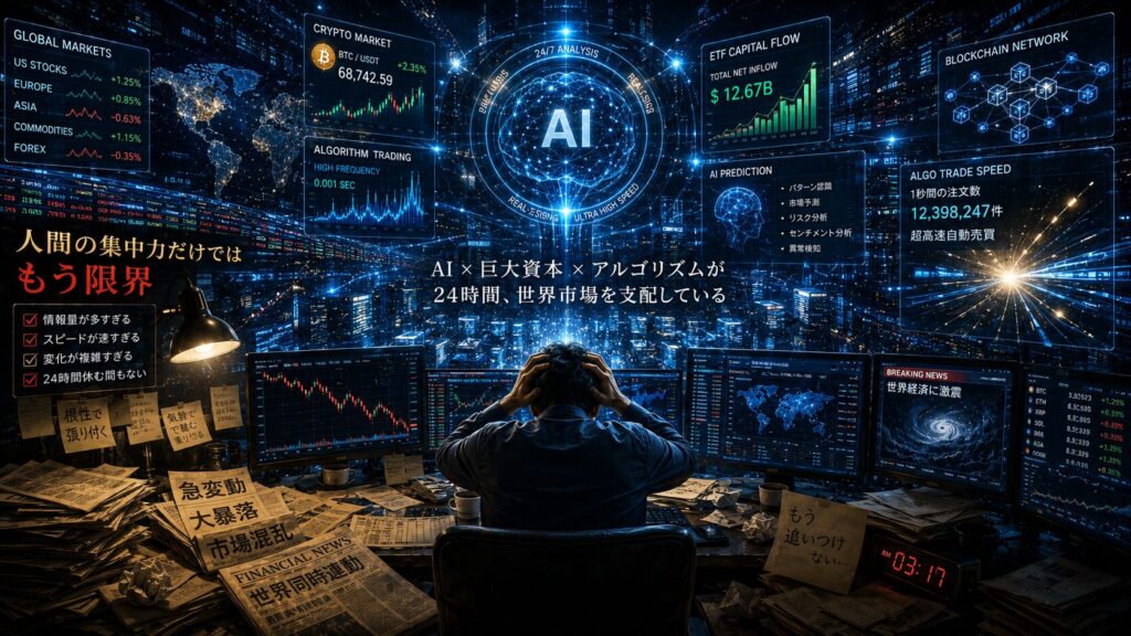 大量の金融データと24時間動き続けるAI市場分析に囲まれ、疲弊しながら相場に張り付く個人投資家を描いた近未来金融ビジュアル。暗号資産チャート、ETF資金流入、高速アルゴリズム取引、世界金融市場、ブロックチェーンネットワークを巨大AIシステムがリアルタイム分析しており、人間の集中力や根性だけでは追いつけない情報量の時代へ突入している様子を、青・ブラック・ゴールド基調の高級感ある16:9シネマティックデザインで表現したイメージ。