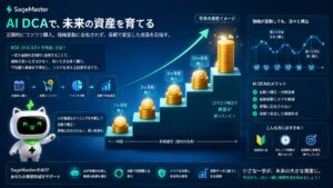 AI DCAによる積立・分散投資を視覚的に解説した未来的金融イラスト。階段状に積み上がるビットコイン資産と上昇グラフを中心に、定期購入・長期運用・リスク分散の流れを初心者にも分かりやすく表現し、SageMaster（セージマスター）のマスコットキャラクターが安定した資産形成をサポートしている16:9ビジュアル。