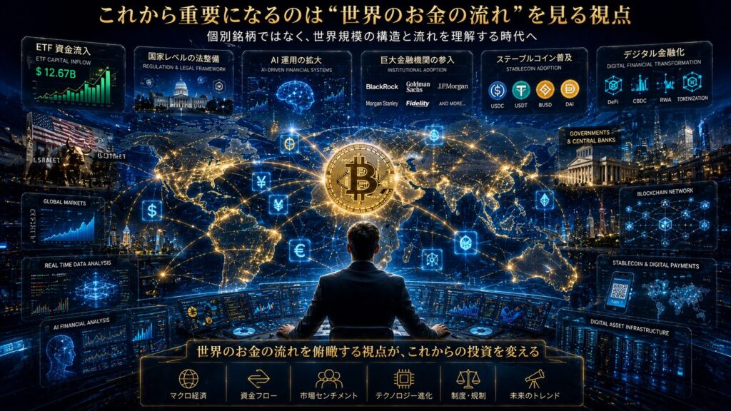 世界規模で動く「お金の流れ」と次世代金融インフラを描いた未来的金融ビジュアル。中央には巨大な世界地図とビットコインが配置され、ETF資金流入、AI金融分析、巨大金融機関、ステーブルコイン、ブロックチェーン、デジタル金融化などが世界中へネットワークのように広がっている。各国政府やウォール街、金融データセンターも描かれ、「どの銘柄が上がるか」ではなく、“世界のお金の流れ”を俯瞰して理解する視点が重要になっていることを、青・ゴールド・ブラック基調の高級感ある16:9シネマティックデザインで表現したイメージ。