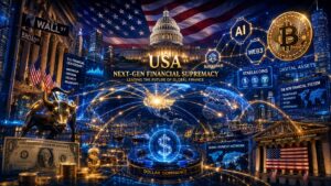 アメリカが次世代金融覇権を握ろうとしている未来的金融ビジュアル。巨大なアメリカ国旗、ウォール街、アメリカ議会、ビットコイン、AI、Web3、ステーブルコイン、ブロックチェーンネットワークが融合し、アメリカを中心に世界中へデジタル金融インフラが広がっていく様子を描いている。ドル、金融データ、世界地図、国際送金ネットワークが青とゴールド基調で高級感と圧倒的スケール感を演出し、国家レベルの金融主導権争いを象徴した16:9イメージ。