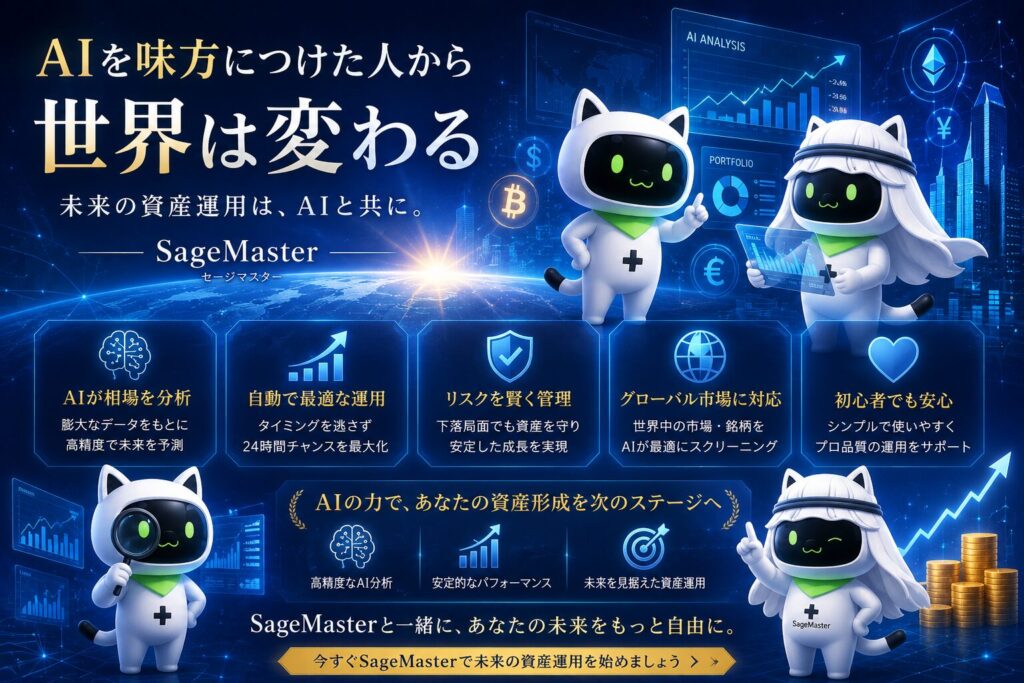 AIを活用した次世代の資産運用をテーマに、SageMaster(セージマスター)のマスコットキャラクターたちが市場分析やAI運用をサポートしている様子を表現した未来的なイメージ画像。