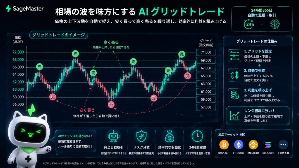 AIグリッドトレードの仕組みを視覚的に解説した未来的インフォグラフィック。価格の上下波動に合わせて自動売買を繰り返すグリッドラインと暗号資産チャートを中心に、SageMaster（セージマスター）のマスコットキャラクターが配置され、24時間365日AIが相場を監視・分析する次世代トレードシステムを表現した16:9ビジュアル。