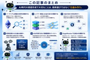 **ALT（代替テキスト）** AI時代の資産形成において重要な考え方をまとめたインフォグラフィック。イーサリアム問題、レイヤー構造、お金の流れ、感覚投資から仕組み投資への変化、AIによる情報整理、SageMaster（セージマスター）の活用方法を図解し、銘柄選びではなく仕組み作りの重要性を表現したイメージ。