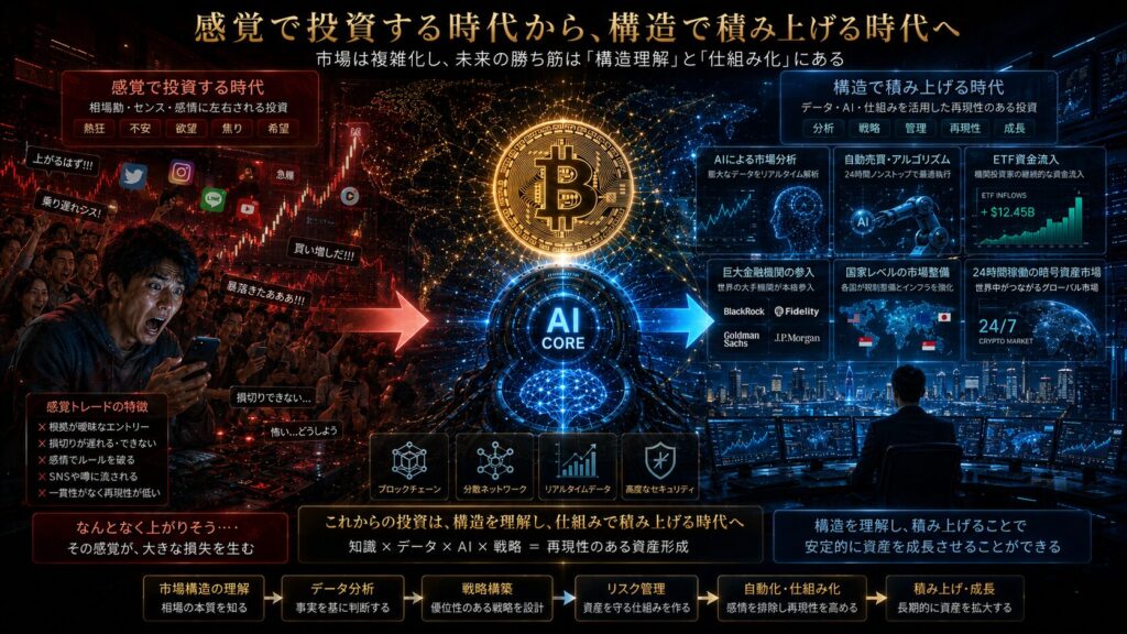 「感覚で投資する時代」から「構造で積み上げる時代」へ移行していることを描いた未来的金融ビジュアル。左側にはSNSや熱狂、FOMOに影響されながら感覚的に売買する個人投資家が描かれ、急騰チャートや不安・欲望によって相場に振り回される様子を表現。右側にはAI分析、自動売買、ETF資金流入、巨大金融機関、国家レベルの市場整備、24時間稼働する暗号資産市場をリアルタイムで分析する近未来金融システムが配置されている。中央にはビットコインと巨大AIコアが描かれ、「感覚」ではなく「構造理解」と「仕組み化」によって資産を積み上げる時代へ変化していることを、青・ブラック・ゴールド基調の高級感ある16:9シネマティックデザインで表現したイメージ。