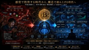 「感覚で投資する時代」から「構造で積み上げる時代」へ移行していることを描いた未来的金融ビジュアル。左側にはSNSや熱狂、FOMOに影響されながら感覚的に売買する個人投資家が描かれ、急騰チャートや不安・欲望によって相場に振り回される様子を表現。右側にはAI分析、自動売買、ETF資金流入、巨大金融機関、国家レベルの市場整備、24時間稼働する暗号資産市場をリアルタイムで分析する近未来金融システムが配置されている。中央にはビットコインと巨大AIコアが描かれ、「感覚」ではなく「構造理解」と「仕組み化」によって資産を積み上げる時代へ変化していることを、青・ブラック・ゴールド基調の高級感ある16:9シネマティックデザインで表現したイメージ。