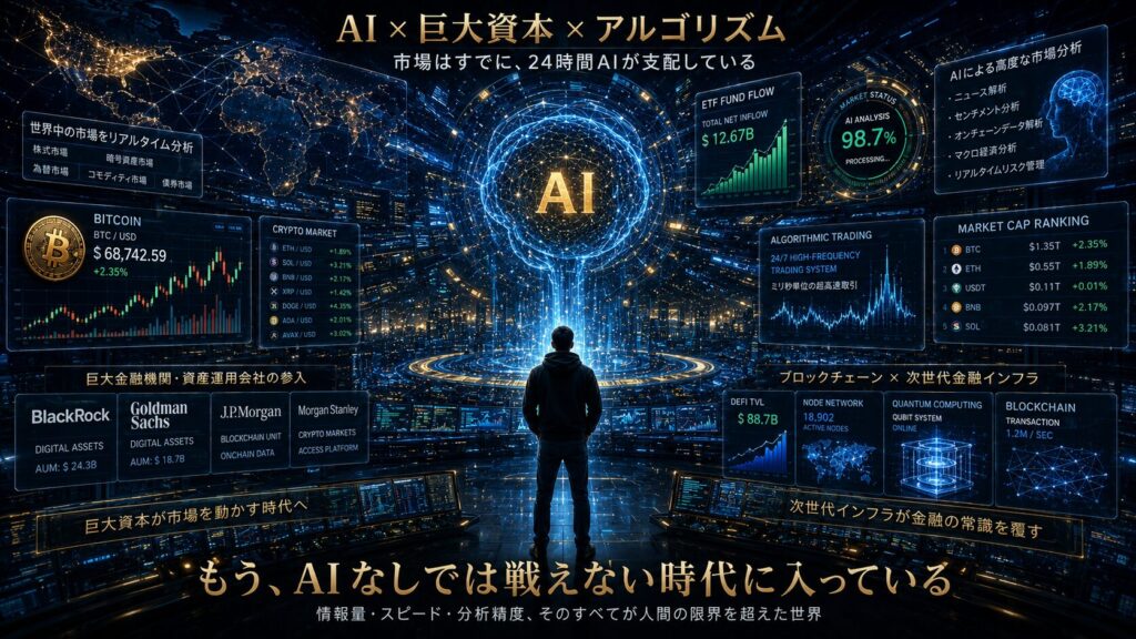 AI・巨大資本・アルゴリズムが24時間世界市場を支配している近未来金融ビジュアル。巨大なAIコアが世界中の金融市場をリアルタイム分析し、ビットコイン、ETF資金流入、超高速アルゴリズム取引、暗号資産チャート、巨大金融機関のデータが無数に表示されている。中央には個人投資家が圧倒的スケールのAI金融ネットワークを見上げる構図が描かれ、「もうAIなしでは戦えない時代」に突入していることを、青・ブラック・ゴールド基調の高級感ある16:9シネマティックデザインで表現したイメージ。