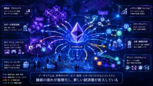イーサリアムのネットワーク上に多くのサービスが広がり価値の流れが複雑化している様子を表したイメージ