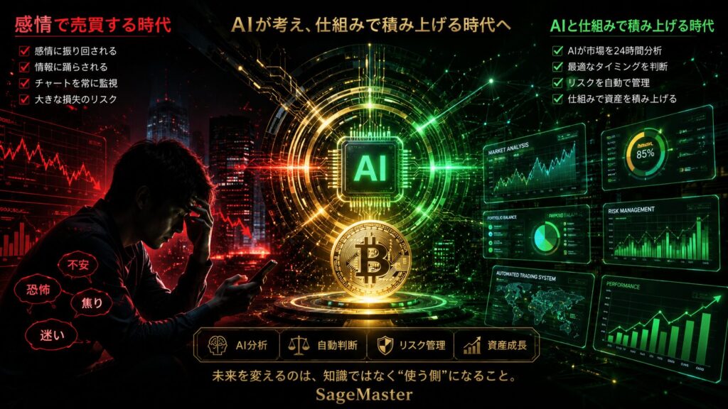 AI時代の資産形成をテーマにした近未来的な金融ビジュアル。左側には、暴落チャートを見ながら不安や焦りを抱える人物を配置し、「感情で売買する時代」を表現。中央には、発光するAIコアとビットコインを象徴的に配置し、AI技術と暗号資産の融合を描写。右側には、AIによる市場分析、リスク管理、資産成長グラフなどのデータ画面を並べ、「AIと仕組みで積み上げる時代」を未来的に表現している。赤・黒・ゴールド・ネオングリーンを基調にした高級感ある16:9デザインで、AIトレード、暗号資産、次世代資産形成の進化を視覚的に伝えるイメージ。