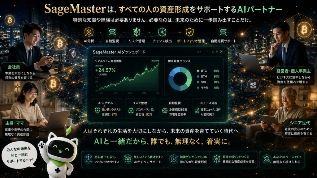 SageMaster(セージマスター)を活用する様々な人々を描いた近未来的な金融ビジュアル。中央にはAIダッシュボードを配置し、会社員、経営者、主婦、シニア、投資初心者などが同じAI資産形成ツールを活用している様子を表現。背景には未来都市、暗号資産ネットワーク、データ分析画面を融合し、「特別な才能ではなく仕組みを活用する時代」を視覚的に伝える16:9デザイン。黒・ゴールド・ネオングリーンを基調に、安心感・信頼感・未来感を演出している。