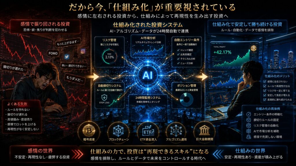 感情に振り回される投資と、「仕組み化」された投資環境を対比した未来的金融ビジュアル。左側には恐怖や焦りによってルールを崩し、相場に振り回され疲弊する個人投資家が描かれている。中央にはAI市場分析、自動損切り、リスク管理、24時間監視システムなどが連動する巨大AIコアが配置され、「投資の仕組み化」を象徴。右側には、ルールとデータに基づき冷静に資産運用を行う投資家が描かれ、感情ではなく“仕組み”によって安定運用を実現している様子を表現している。ビットコイン、ETF資金流入、アルゴリズム運用、巨大金融機関、ブロックチェーンネットワークを背景に、青・ブラック・ゴールド基調の高級感ある16:9シネマティックデザインで描かれたイメージ。