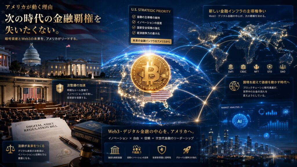 アメリカが暗号資産とWeb3金融の主導権を巡って動いている未来的金融ビジュアル。アメリカ議会、ホワイトハウス、ビットコイン、世界地図、ブロックチェーンネットワーク、金融データが青とゴールドを基調に描かれ、アメリカが次世代金融インフラの覇権を握ろうとしている様子を高級感と未来感で表現した16:9イメージ。