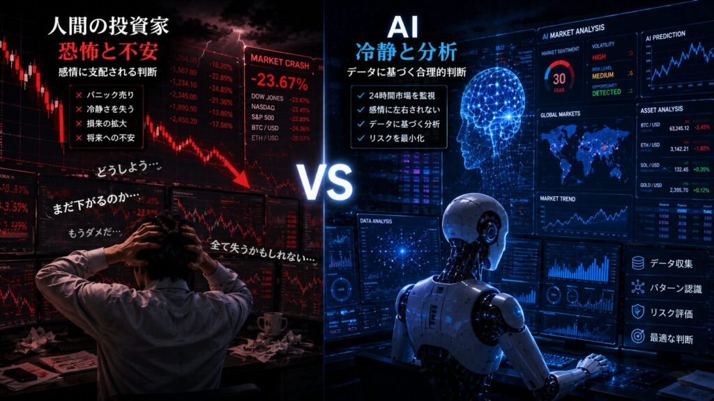 暴落に恐怖と不安を感じる人間投資家と、冷静にデータ分析を続けるAIを対比した未来的ビジュアル。赤く暴落するチャートを前に混乱する人間と、青い金融データを解析するAIが描かれ、感情による判断と機械的分析の違いを象徴的に表現した16:9イメージ。