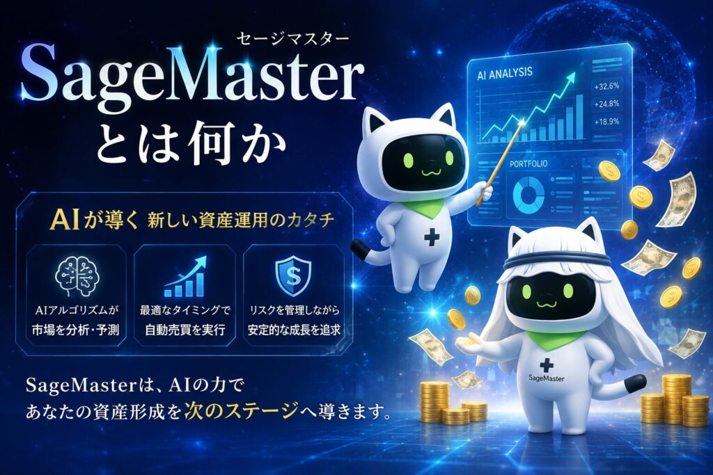 SageMaster(セージマスター)のAIスクリーナーやAI運用機能をイメージした未来的なマスコットキャラクターが、市場分析や資産運用をサポートしている様子を表現したイメージ画像。