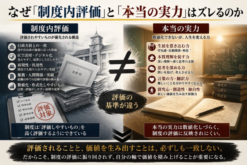 制度内評価と本当の実力の違いを比較した教育テーマのアイキャッチ画像。左側には学校・表彰状・評価書類など制度評価を象徴するモノクロ空間が描かれ、「ICT活用」「再現性」「行政方針との一致」など評価されやすい要素が整理されている。右側には教室やノート、思考する空間が暖色系で表現され、「生徒を惹き込む力」「本質理解」「探究心」「翻訳力」など本当の実力を象徴するキーワードが配置されている。中央には「評価の基準が違う」というメッセージが入り、AI時代の教育・主体性・独学力の重要性を視覚的に表現している