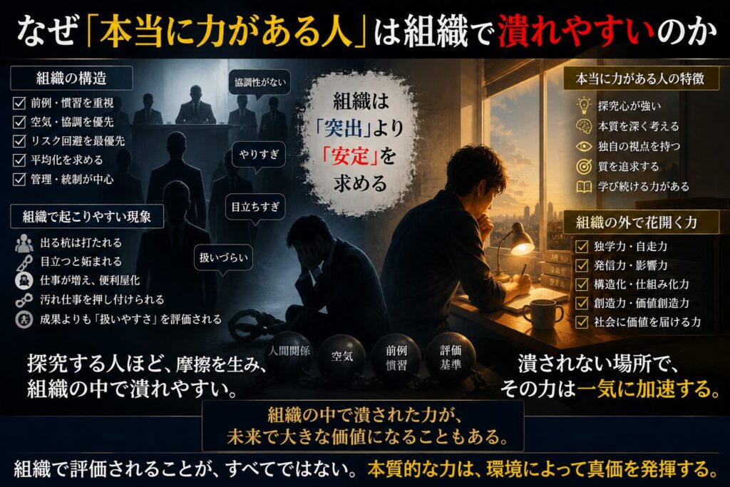 AI時代に本当に必要なのは「制度適応力」ではなく「主体性」をテーマにした未来志向のアイキャッチ画像。左側には、評価・肩書き・ルール・管理に縛られたモノクロの組織社会が描かれ、「制度に従う人」「答えを待つ人」を象徴している。右側には、暖かな光の中でAI・パソコン・ノートを使いながら主体的に学び続ける人物が描かれ、「独学力」「自己解決力」「発信力」「構造理解力」「AI活用力」などのキーワードが配置されている。中央には「AI時代は“指示待ち”では生き残れない」という強いメッセージが入り、主体的に学び行動する人だけが未来を切り開く時代であることを象徴的に表現している