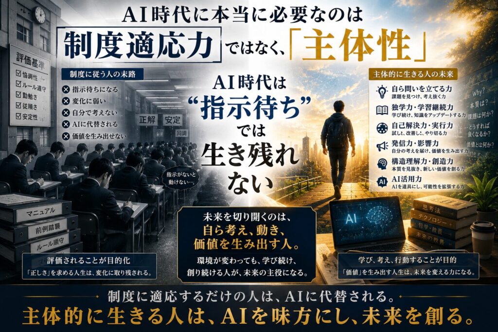 AI時代に必要な主体性をテーマにした未来志向のアイキャッチ画像。左側にはモノクロの学校や組織空間で、同じ方向を向き指示待ち状態になっている人々が描かれ、「協調性」「ルール順守」「安定」など制度適応型の価値観を象徴している。中央には「AI時代は“指示待ち”では生き残れない」という強いメッセージが配置され、右側には黄金色の未来都市へ向かって主体的に歩く人物が描かれている。右側には「独学力」「自己解決力」「発信力」「構造理解力」「AI活用力」などのキーワードが整理され、AIを道具として使いこなし、自ら価値を生み出す人間こそが未来を切り開くという思想を象徴的に表現している