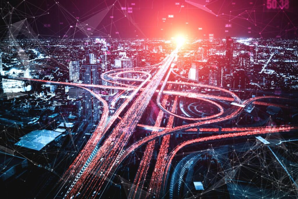 レイヤー1を高速道路の本線に例え、すべての取引やデータが通る土台となるブロックチェーン基盤を表現したイメージ