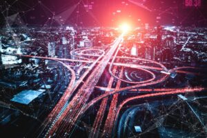 レイヤー1を高速道路の本線に例え、すべての取引やデータが通る土台となるブロックチェーン基盤を表現したイメージ