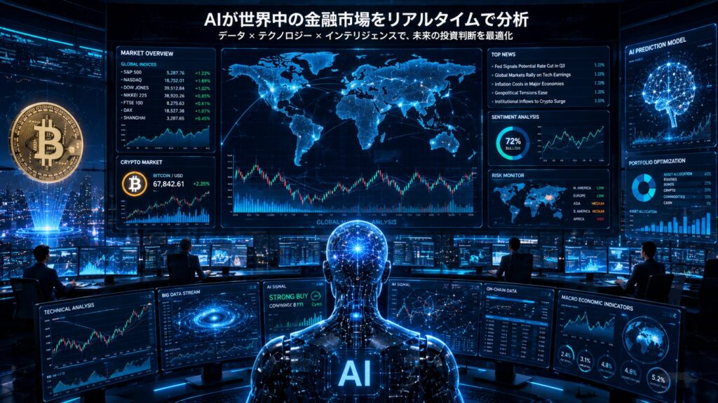 AIが世界中の金融市場をリアルタイムで分析している未来的なトレーディングルーム。巨大モニターにビットコイン、世界地図、金融チャート、データ解析画面が映し出され、AIネットワークが市場を監視している様子を青と黒を基調に高級感ある近未来デザインで表現した16:9ビジュアル。