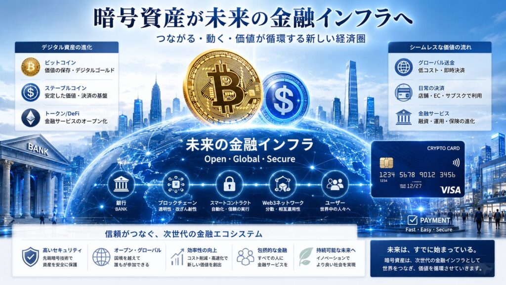 未来の金融インフラとして進化する暗号資産を描いたデジタルアート。ビットコインやステーブルコイン、銀行、Web3ネットワーク、決済システム、VISA風カードが世界中の都市ネットワークとつながり、青と白を基調に未来感と信頼感を表現した高級感ある金融イメージ。