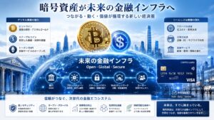 未来の金融インフラとして進化する暗号資産を描いたデジタルアート。ビットコインやステーブルコイン、銀行、Web3ネットワーク、決済システム、VISA風カードが世界中の都市ネットワークとつながり、青と白を基調に未来感と信頼感を表現した高級感ある金融イメージ。