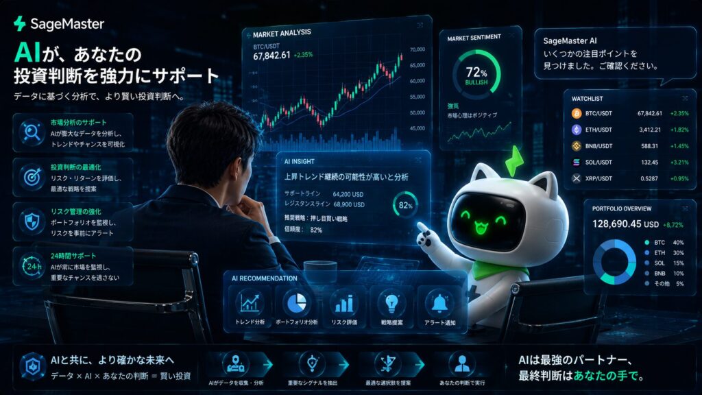 AIが人間の投資判断をサポートしている未来的金融シーン。投資家とSageMaster（セージマスター）のマスコットキャラクターが並んでチャートや市場分析データを確認し、AIがリアルタイムで相場分析・リスク管理・投資判断補助を行う高級感ある近未来トレーディング環境を描いた16:9ビジュアル。