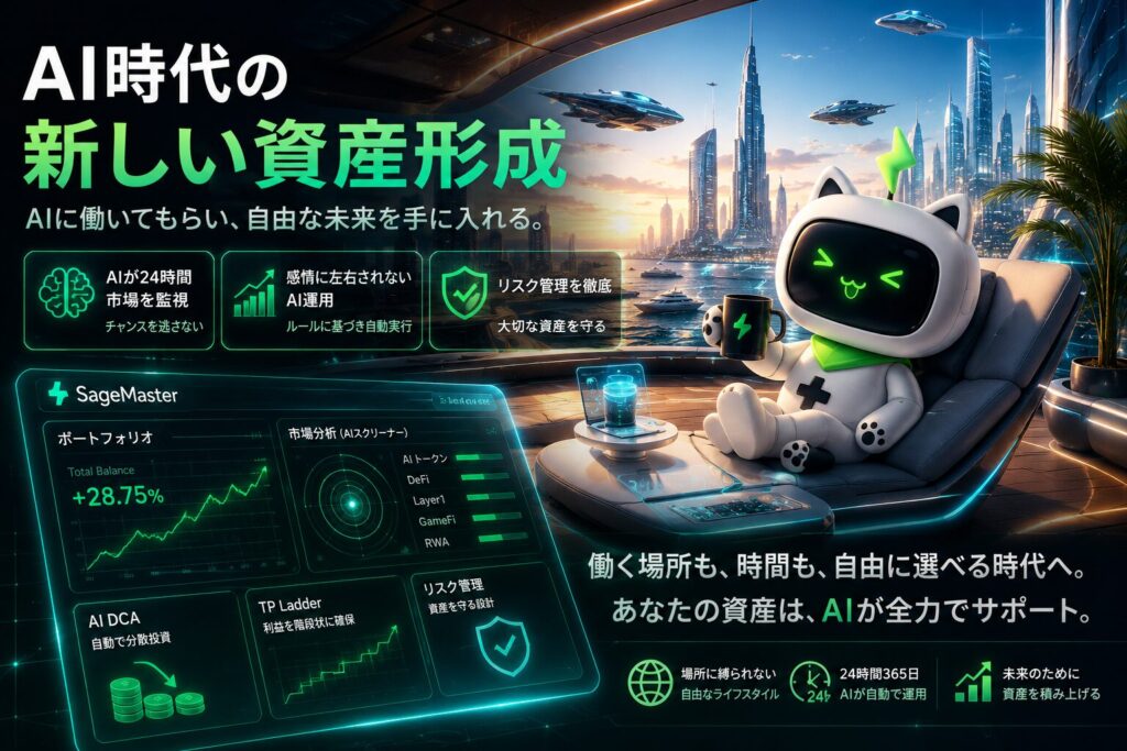 未来都市と海辺のラグジュアリー空間の中で、SageMaster セージマスターのマスコットがAIによる資産運用をサポートしている近未来的ビジュアル。AIスクリーナーやAI DCA、TP Ladderなどの機能がホログラム表示され、AIが24時間市場を監視しながら、人間は自由な時間と豊かなライフスタイルを手に入れる新時代の資産形成を表現した画像