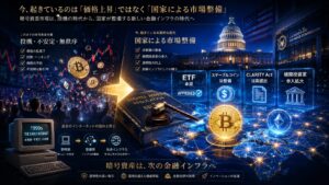 暗号資産市場が「投機の時代」から「国家による金融市場整備の時代」へ進化している様子を描いた未来的金融ビジュアル。暴落や混乱を象徴する旧来の暗号資産市場と、ETF承認・CLARITY Act・ステーブルコイン法整備によって制度化が進む新しい金融インフラを対比し、アメリカ政府、金融当局、ビットコイン、世界地図、ブロックチェーンネットワークを青とゴールド基調で高級感あるシネマティックデザインとして表現した16:9イメージ。