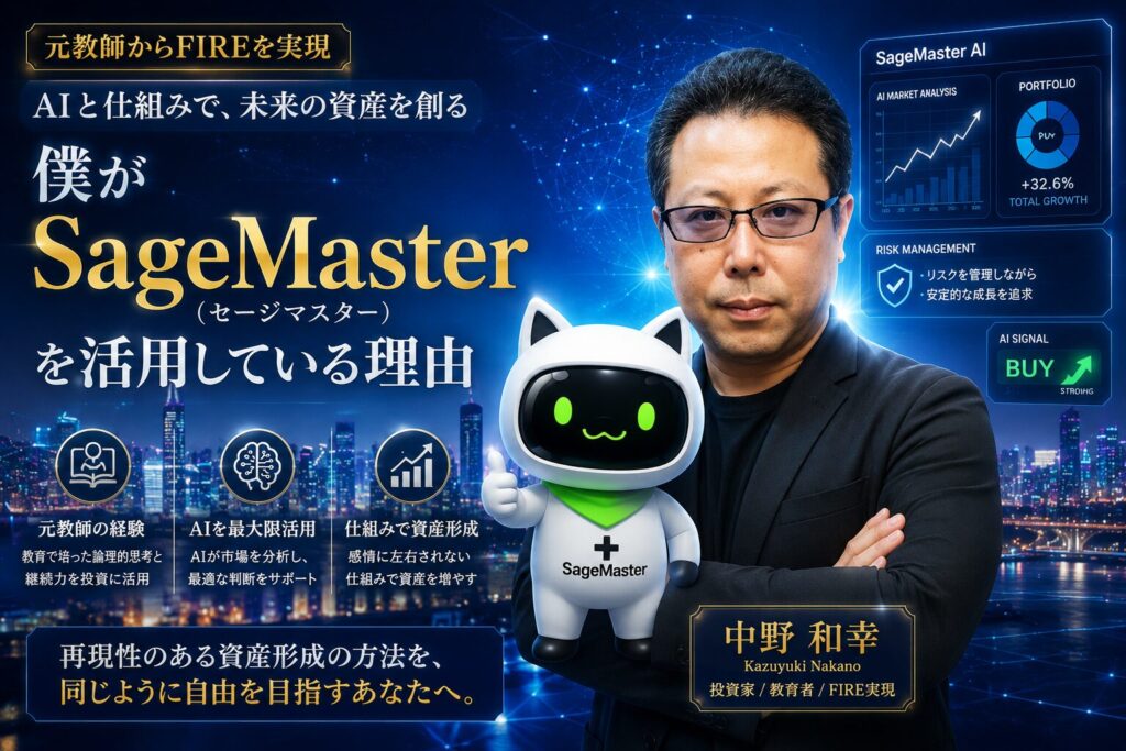 中野和幸がSageMaster(セージマスター)のAIマスコットとともに、AIを活用した資産形成の考え方を紹介しているイメージ。元教師からFIREを実現した経験をもとに、AI市場分析、リスク管理、感情に左右されない仕組み化投資を伝える未来型の金融ビジュアル。
