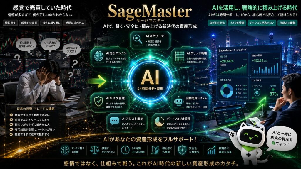 SageMaster(セージマスター)のAI資産形成システムをテーマにした近未来的な金融ビジュアル。中央には巨大なAIダッシュボードを配置し、「AIスクリーナー」「AI分析」「AIグリッド」「AIリスク管理」「AIアシスト」「自動売買」「ポートフォリオ管理」などの主要機能を未来的UIで表示。左側には、複数のチャートや大量の情報を前に混乱し、不安そうに悩む従来型トレーダーを描写し、「感覚で売買する時代」を表現。右側には、AIダッシュボードを活用しながら落ち着いて資産形成を行う人物を配置し、「AIを活用して戦略的に積み上げる時代」を象徴している。背景には暗号資産チャート、世界地図、データ通信ライン、近未来都市を融合し、AI時代の金融革命と次世代資産形成を視覚的に表現。さらに、SageMasterのマスコットキャラクターを配置し、初心者にも親しみやすい印象を演出。黒・ゴールド・ネオングリーン・ブルーを基調に、高級感・未来感・安心感・知性を強調した16:9デザイン。