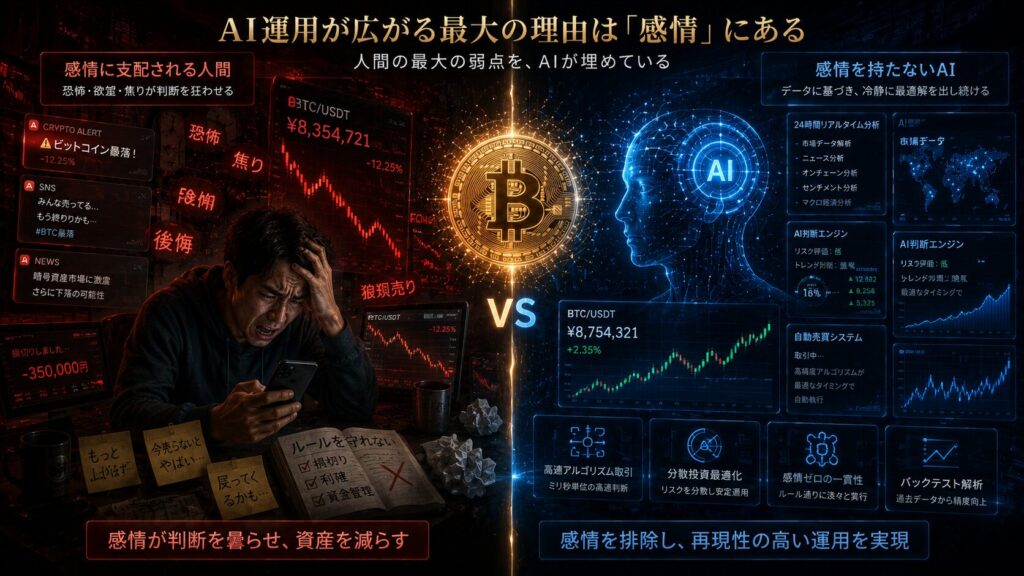 感情に振り回される人間投資家と、感情を持たず冷静に市場分析を続けるAIを対比した未来的金融ビジュアル。左側には暴落チャートやSNS情報に不安・恐怖・FOMOを刺激され、焦りながらスマホを見る個人投資家が描かれている。右側には巨大AIネットワークが24時間リアルタイムで市場分析・高速アルゴリズム取引・リスク管理を行い、感情を排除した安定運用を実現している様子が表現されている。中央にはビットコインを配置し、「人間の感情」と「AIの冷静さ」の違いを、青・ブラック・ゴールド基調の高級感ある16:9シネマティックデザインで描いたイメージ。