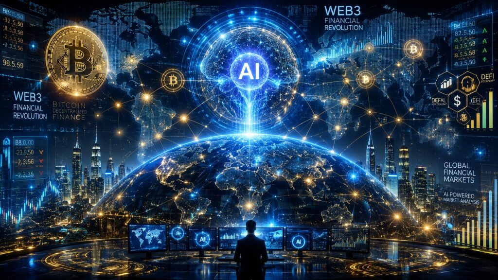 未来の金融市場を象徴するAIネットワークとビットコインのデジタルアート。青とゴールドの発光エフェクトで描かれた世界地図と金融データが広がり、AIが世界中の市場を監視している未来的なWeb3金融革命のイメージ。