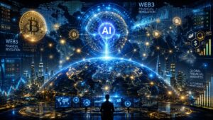 未来の金融市場を象徴するAIネットワークとビットコインのデジタルアート。青とゴールドの発光エフェクトで描かれた世界地図と金融データが広がり、AIが世界中の市場を監視している未来的なWeb3金融革命のイメージ。