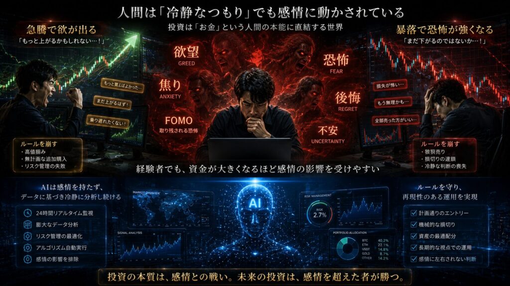 「冷静なつもり」でも感情に支配される投資家の心理を描いた未来的金融ビジュアル。中央にはチャートを見ながら思考する個人投資家が配置され、その背後には“欲望”“恐怖”“焦り”“FOMO”“後悔”などを象徴する赤い感情エフェクトが浮かび上がっている。左側には急騰相場で興奮しルールを崩す場面、右側には暴落相場で恐怖に支配され冷静さを失う場面を対比。一方、下部には感情を持たず淡々と市場分析を続けるAIシステムが描かれ、人間の感情とAIの冷静な分析力の違いを、青・ブラック・レッド・ゴールド基調の高級感ある16:9シネマティックデザインで表現したイメージ。