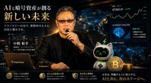 AIと暗号資産の未来について発信する日本人インフルエンサーを描いた未来的ビジュアル。ビットコイン、AI市場分析、世界地図、金融チャートが広がる高級感あるスタジオ空間で、中野和幸をイメージした男性が知性と信頼感を持って情報発信を行い、SageMaster（セージマスター）のマスコットキャラクターと共に次世代金融の可能性を表現した16:9イメージ。